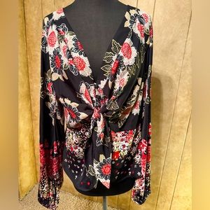 Free People Run Free Floral print Black Long Sleeve Blouse, Button Tie Front, L